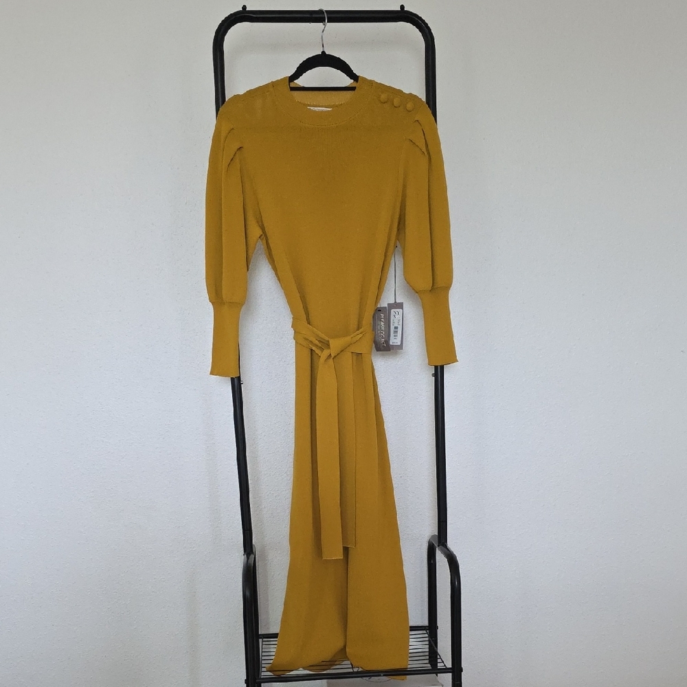 eva mendes for New York & Company Mustard Long Sleeve Tie-Waist Midi Dress